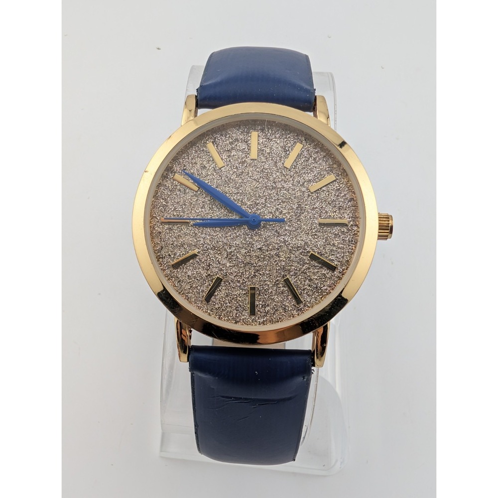 MSPCI‎ Glitter Dial Women's Watch 36mm Gold Case Blue Faux Leather Band- Working